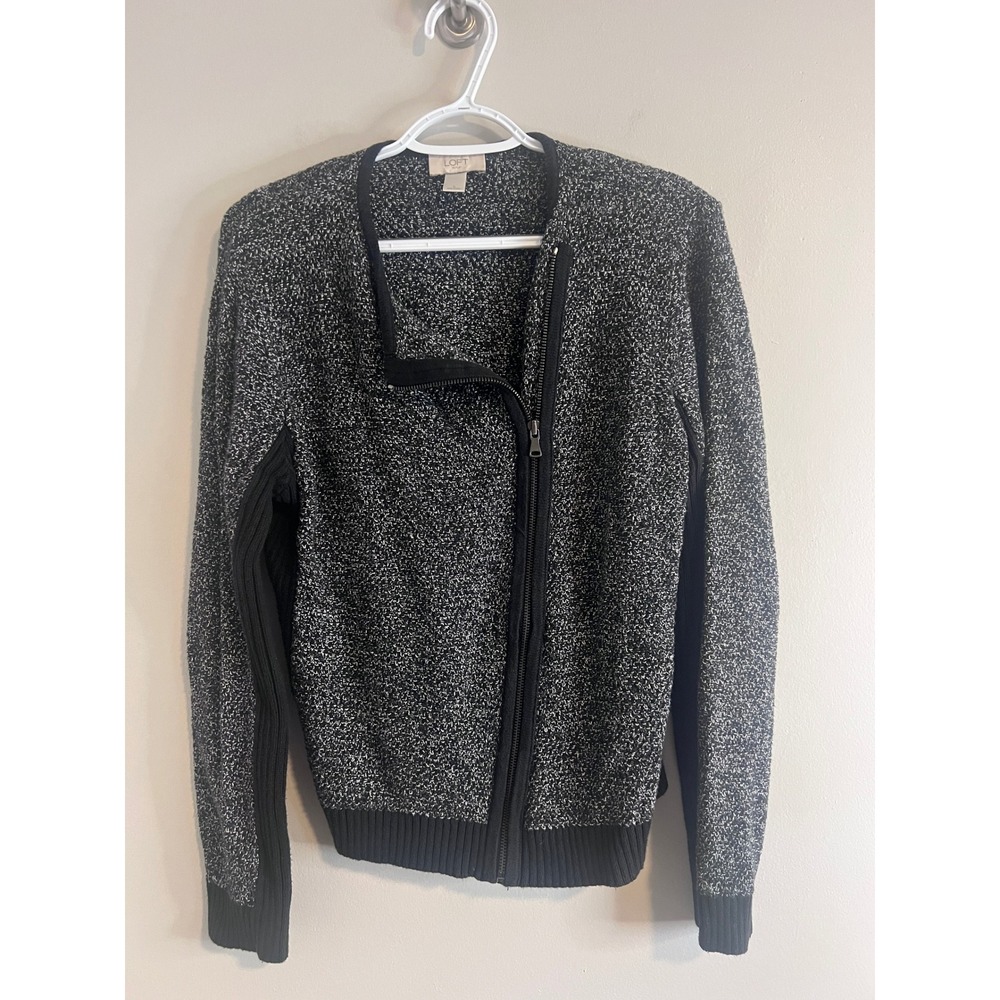 LOFT Outlet Womens Large Black White Marled Asymmetric Zip Knit Cardigan Sweater